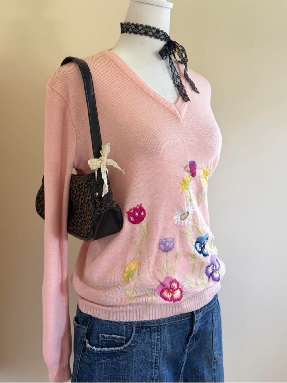 Vintage 70s fairy cottagecore coquette granny pink embroidered floral sweater M - Picture 3 of 10